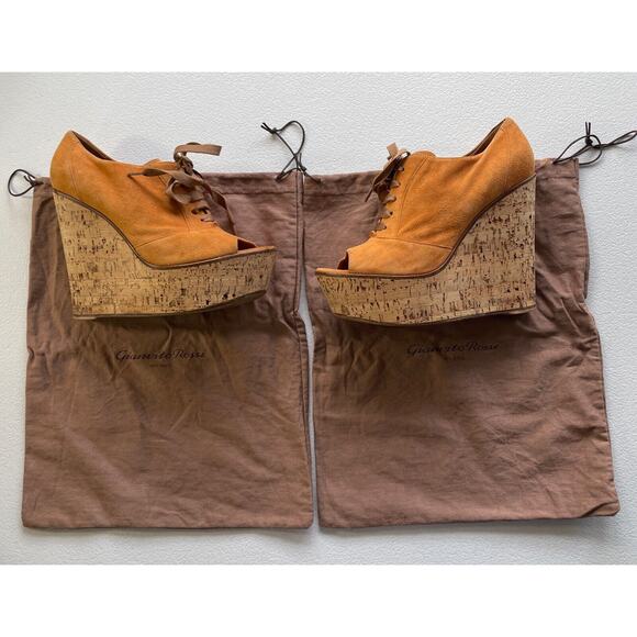 Gianvito Rossi Suede Cork Open Toe Lace Up Platform Shoes Orange/Beige Womens 37 - Picture 1 of 16